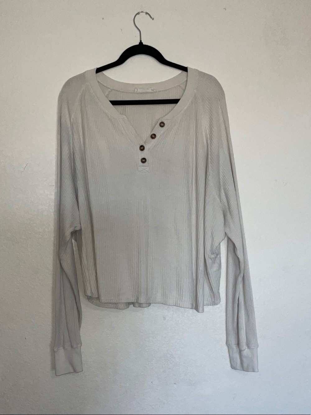 TALULAH Cream Ribbed Long-Sleeve Henley Top with Button Placket
